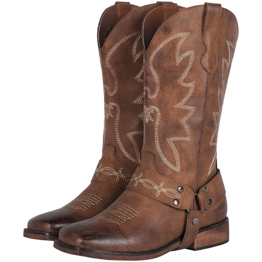 Wide Calf Cowboy Boots Square Toe Buckle Strap Western Boots